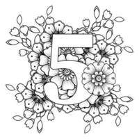 número 5 con adorno decorativo de flores mehndi en estilo étnico oriental página de libro para colorear vector