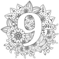 número 9 con adorno decorativo de flores mehndi en estilo étnico oriental página de libro para colorear vector