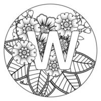 Letter W with Mehndi flower. decorative ornament in ethnic oriental. outline hand-draw vector illustration.