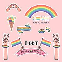 Manos arriba multirraciales y de género igual, forma de corazón de arco iris lgbtq con una pulsera de género vector