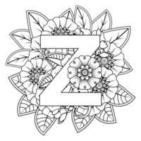 Letter Z with Mehndi flower. decorative ornament in ethnic oriental. outline hand-draw vector illustration.