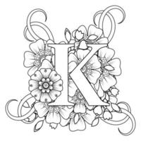 letra k con flor mehndi. ornamento decorativo en étnico oriental. esbozar la ilustración vectorial dibujada a mano. vector
