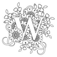 Letter W with Mehndi flower. decorative ornament in ethnic oriental. outline hand-draw vector illustration.