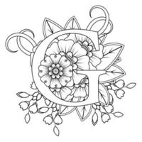 letra g con flor mehndi. ornamento decorativo en étnico oriental. esbozar la ilustración vectorial dibujada a mano. vector