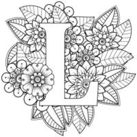 Letter L with Mehndi flower. decorative ornament in ethnic oriental. outline hand-draw vector illustration.