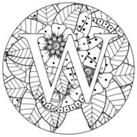 Letter W with Mehndi flower. decorative ornament in ethnic oriental. outline hand-draw vector illustration.