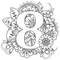 número 8 con flor mehndi. ornamento decorativo en estilo étnico oriental. libro de colorear. vector