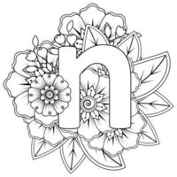 Letter N with Mehndi flower. decorative ornament in ethnic oriental. outline hand-draw vector illustration.