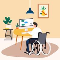 Disabled man in wheelchair use computer working vector