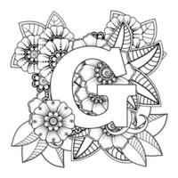 Letter G with Mehndi flower. decorative ornament in ethnic oriental. outline hand-draw vector illustration.
