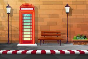 Scene of telephone booth and bench near brick wall vector