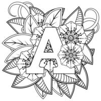 Letter A with Mehndi flower. decorative ornament in ethnic oriental vector