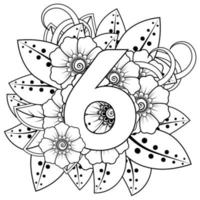 Number six with mehndi flower. Decorative ornament in ethnic oriental style. Coloring book. vector