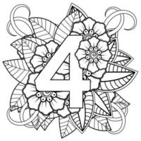 Number four with mehndi flower. Decorative ornament in ethnic oriental style. Coloring book. vector