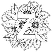 Letter Z with Mehndi flower. decorative ornament in ethnic oriental. outline hand-draw vector illustration.