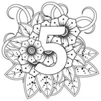 Number five with mehndi flower. Decorative ornament in ethnic oriental style. Coloring book. vector