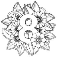 Number eight with mehndi flower. Decorative ornament in ethnic oriental style. Coloring book. vector