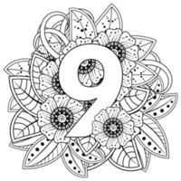 Number nine with mehndi flower. Decorative ornament in ethnic oriental style. Coloring book. vector