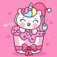 Cute unicorn santa with Christmas cupcake kawaii cartoon vector