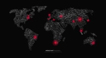 infografía del mapa mundial. mapa del mundo con las mejores ciudades destacadas. ilustración vectorial mapa de silueta aislado sobre fondo oscuro. vector