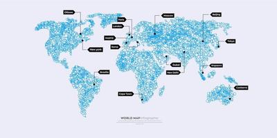 Infografía del mapa mundial con las principales ciudades destacadas. mapa mundial compuesto con círculo. ilustración vectorial mapa de silueta aislado sobre fondo blanco. vector