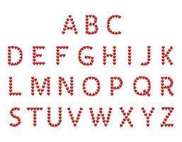 alfabeto de corazones rojos símbolo de amor. fuente festiva o decoración para el día de san valentín, boda, vacaciones y diseño, letrero y letras de diferentes formas. ilustración plana vectorial vector