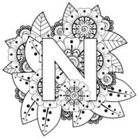 Letter N with Mehndi flower. decorative ornament in ethnic oriental. outline hand-draw vector illustration.