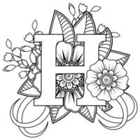 Letter H made of flowers in mehndi style. coloring book page. outline hand-draw vector illustration.