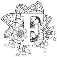 Letter F with Mehndi flower. decorative ornament in ethnic oriental. outline hand-draw vector illustration.