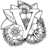 Letter V with Mehndi flower. decorative ornament in ethnic oriental. outline hand-draw vector illustration.