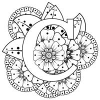 Letter C made of flowers in mehndi style. coloring book page. outline hand-draw vector illustration.