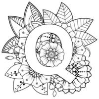 Letter Q with Mehndi flower. decorative ornament in ethnic oriental style. coloring book page. vector