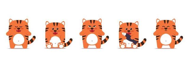 Set of cute little tigers cats in a flat style. Animal symbol for Chinese New Year 2022. An angry sullen orange tiger stands and sits with a fish. For a banner, childrens decor. Vector illustration.