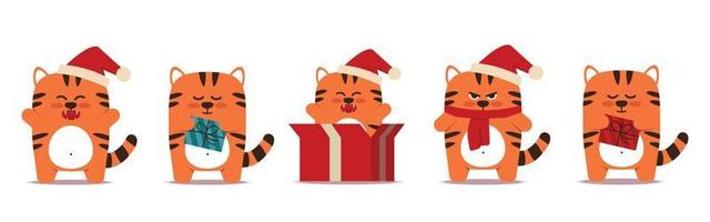 cute little tigers cats in a flat style. Animal with a Christmas cap, with a gift in a gift box. Orange tiger symbol of Chinese New Year 2022 For banner, nursery, patterned decor. Vector illustration.
