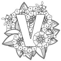 Letter V with Mehndi flower. decorative ornament in ethnic oriental. outline hand-draw vector illustration.