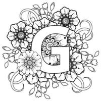 Letter G made of flowers in mehndi style. coloring book page. outline hand-draw vector illustration.