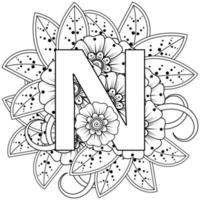 Letter N with Mehndi flower. decorative ornament in ethnic oriental. outline hand-draw vector illustration.