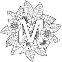 Letter M with Mehndi flower. decorative ornament in ethnic oriental. outline hand-draw vector illustration.