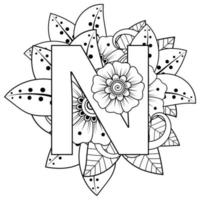 Letter N with Mehndi flower. decorative ornament in ethnic oriental. outline hand-draw vector illustration.