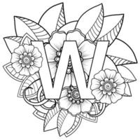 Letter W with Mehndi flower. decorative ornament in ethnic oriental. outline hand-draw vector illustration.
