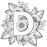 Letter D with Mehndi flower. decorative ornament in ethnic oriental. outline hand-draw vector illustration.