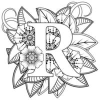 Letter R with Mehndi flower. decorative ornament in ethnic oriental style. coloring book page. vector