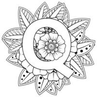 Letter Q with Mehndi flower. decorative ornament in ethnic oriental. outline hand-draw vector illustration.