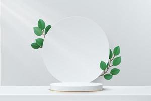 White and gray geometric pedestal podium with green leaf and circle backdrop. Vector abstract studio room with 3D platform design. Minimal wall scene for products display presentation, Showcase.