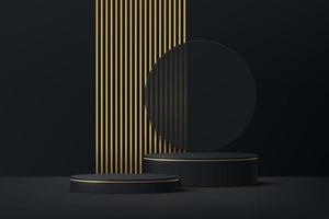 Black and Gold geometric pedestal podium with luxury golden pillar and circle backdrop. Vector abstract studio room with 3D platform. Minimal scene for cosmetic products. Showcase, Promotion display.