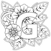 Letter G made of flowers in mehndi style. coloring book page. outline hand-draw vector illustration.