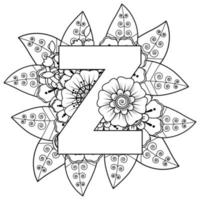 Letter Z made of flowers in mehndi style. coloring book page. outline hand-draw vector illustration.