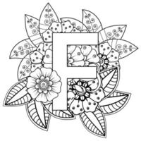 Letter F with Mehndi flower. decorative ornament in ethnic oriental style. coloring book page. vector