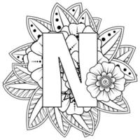 Letter N with Mehndi flower. decorative ornament in ethnic oriental style. coloring book page. vector
