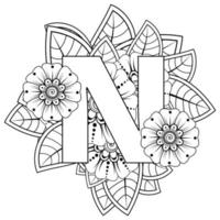 Letter N with Mehndi flower. decorative ornament in ethnic oriental style. coloring book page. vector